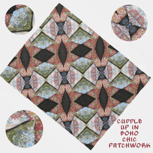 Boho Chic Embroized Patchwork Mönster Fleecefilt