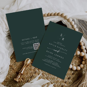 Boho Chic Emerald Grönt Monogram QR Code Bröllop Inbjudningar