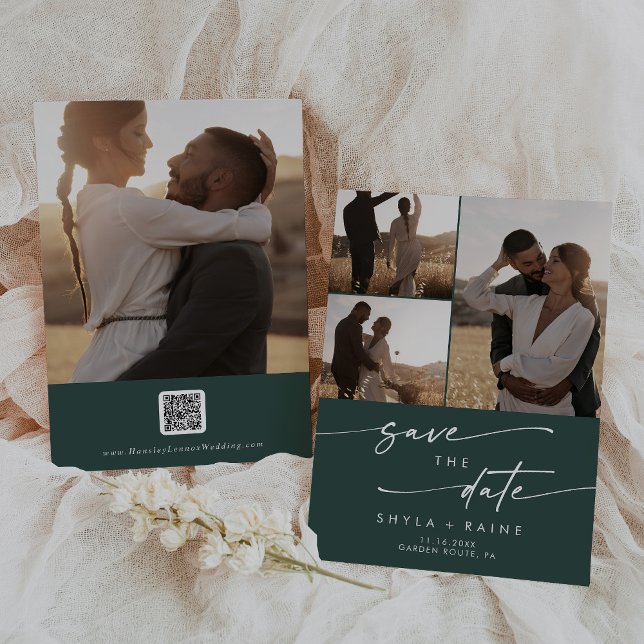 Boho Chic Emerald Grönt Multi Photo QR-kod Spara Datumet (Skapare uppladdad)