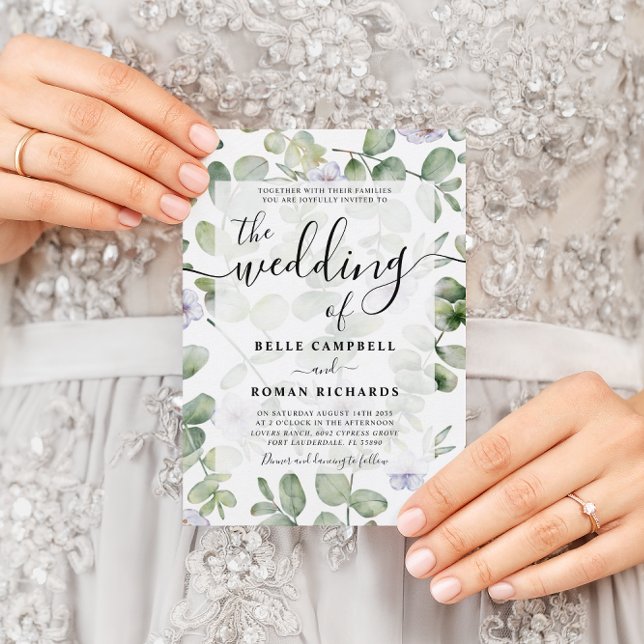 Boho Chic Eucalyptus & Lila Blommigt Bröllop Inbjudningar (Skapare uppladdad)