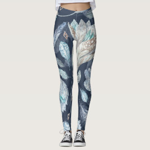 Boho Chic Feathers Flowers: Watercolor Mörk blått Leggings