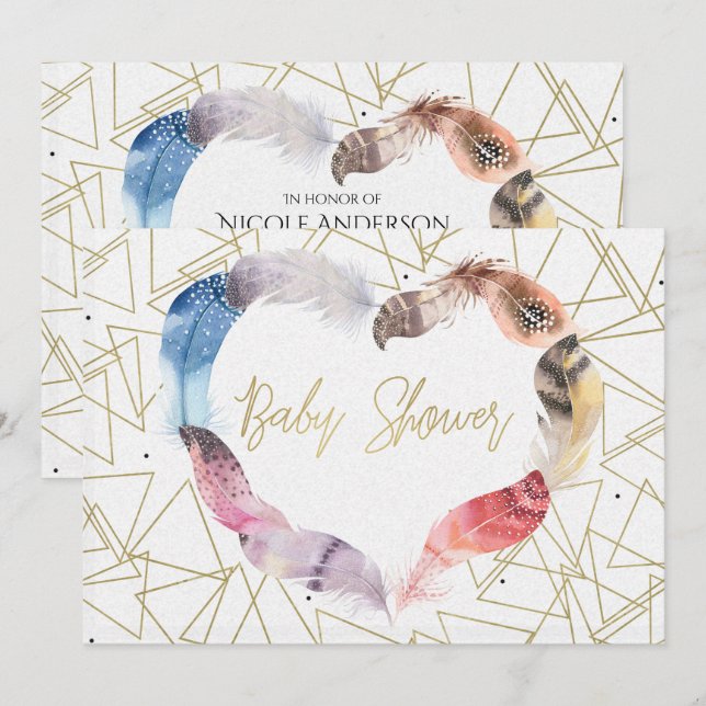 Boho Chic Fjäder Hjärt Baby Shower Inbjudan (Fram/baksida)