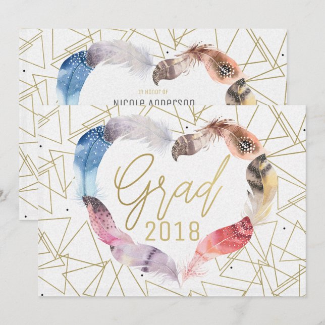 Boho Chic Fjäder Hjärtan EXAMENHÄFTE Inbjudningar (Fram/baksida)