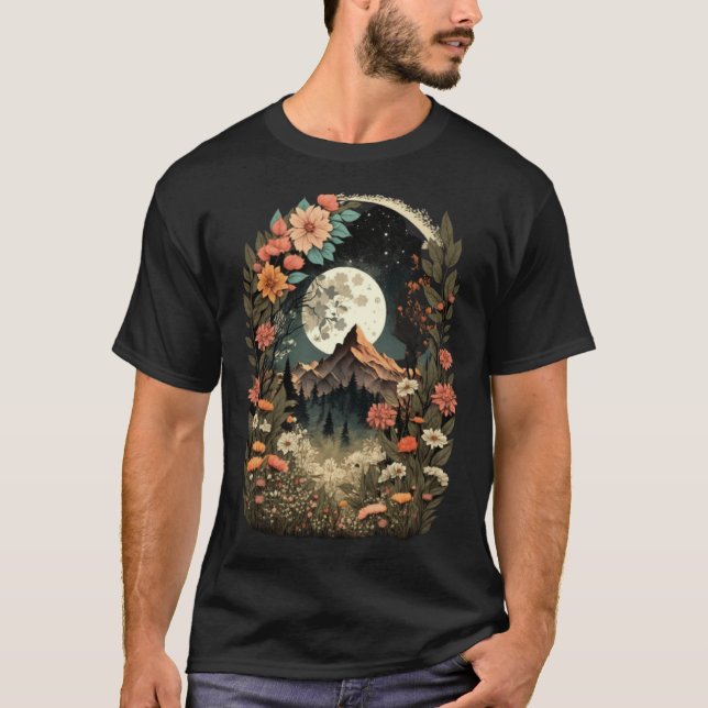 Boho Chic Floral Moon Mountain Forest Nature Retro T Shirt (Framsida)