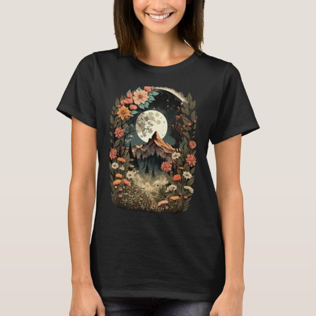 Boho Chic Floral Moon Mountain Forest Nature Retro T Shirt (Framsida)