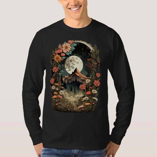 Boho Chic Floral Moon Mountain Forest Nature Retro T Shirt (Framsida)
