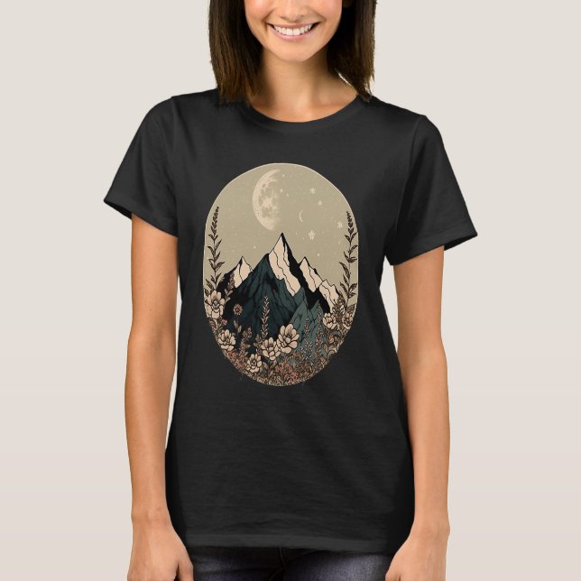 Boho Chic Floral Moon Mountain T Shirt (Framsida)