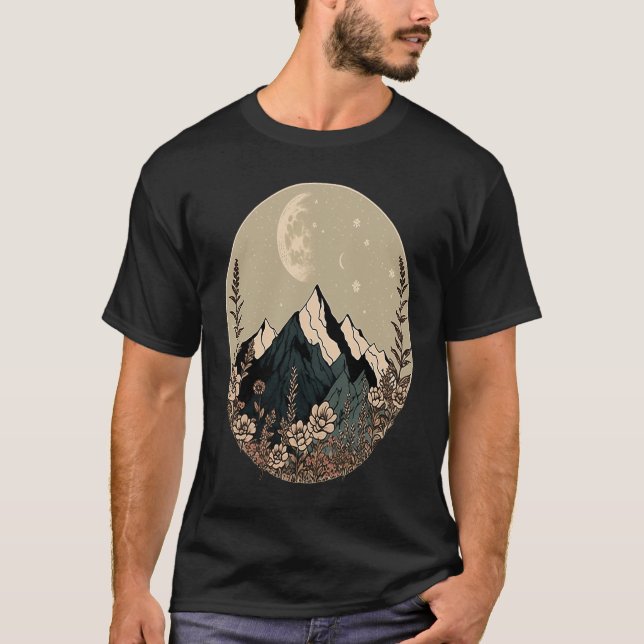 Boho Chic Floral Moon Mountain T Shirt (Framsida)