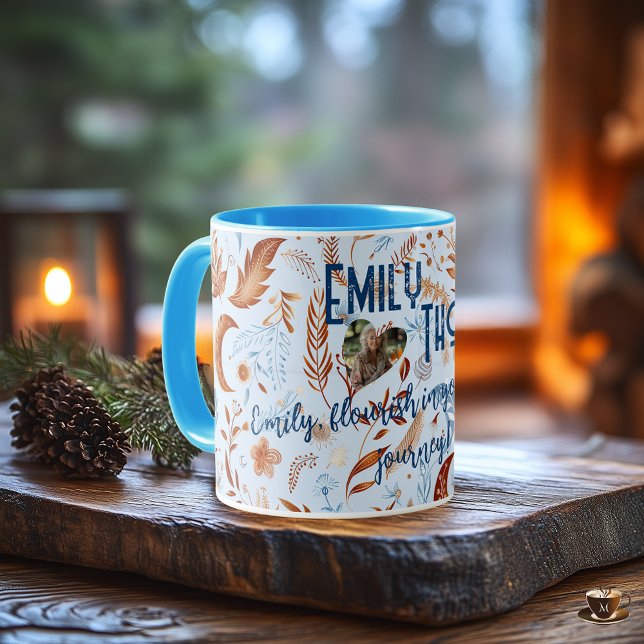 Boho chic floral moon with copper and blue leaves mugg (Skapare uppladdad)