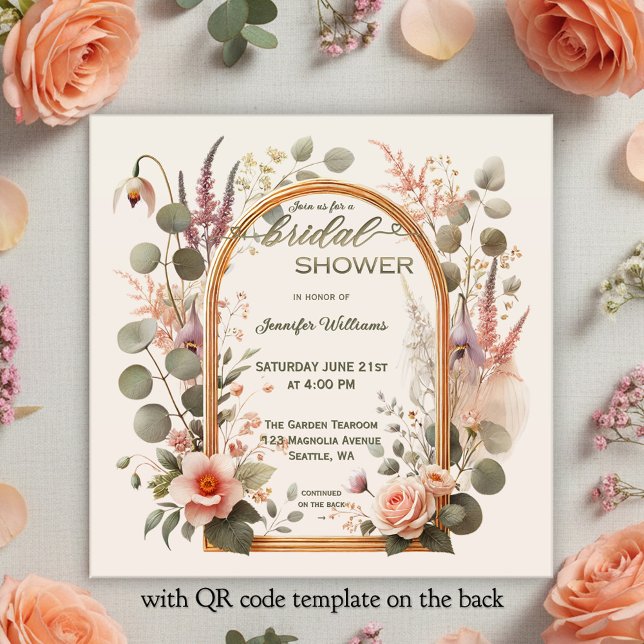 Boho Chic Floral Rose Gold Arch Bridal Shower Inbjudningar (Bohemian bridal shower invitation featuring a watercolor flower arrangement around a rose gold arch)