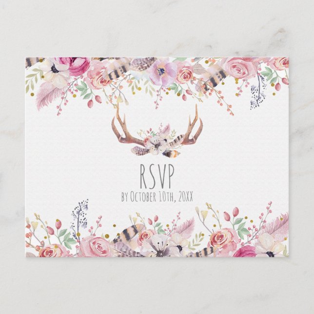 Boho Chic Flowers Hjort Antlers Rustic Bröllop OSA Inbjudan Vykort (Framsida)