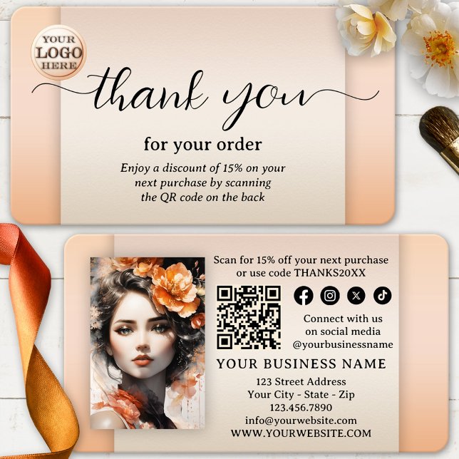 Boho Chic Foto Tack För Din Beställning Visitkort (Thank you for your order business card in chic peach - logo - QR code - social media - photo)