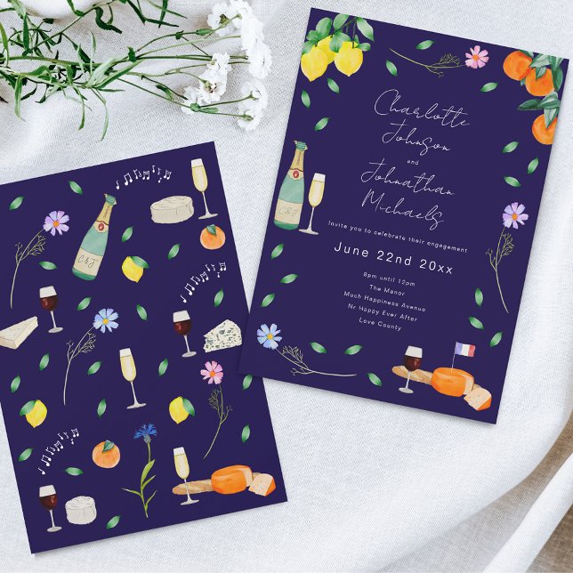 Boho Chic Fransk Vin och Ost Förlovningsfest Inbjudningar (Wildflower boho citrus floral navy blue french wine and cheese Wedding invitation )