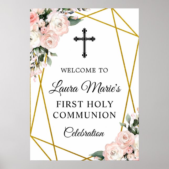 Boho Chic Geometric Blommigts Communion Välkommen Poster (Framsidan)