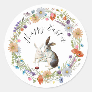 Boho Chic Glad påsk Bunny Watercolor Wildblomma Runt Klistermärke
