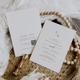 Boho Chic Grönt och White Monogram QR Code Bröllop Inbjudningar