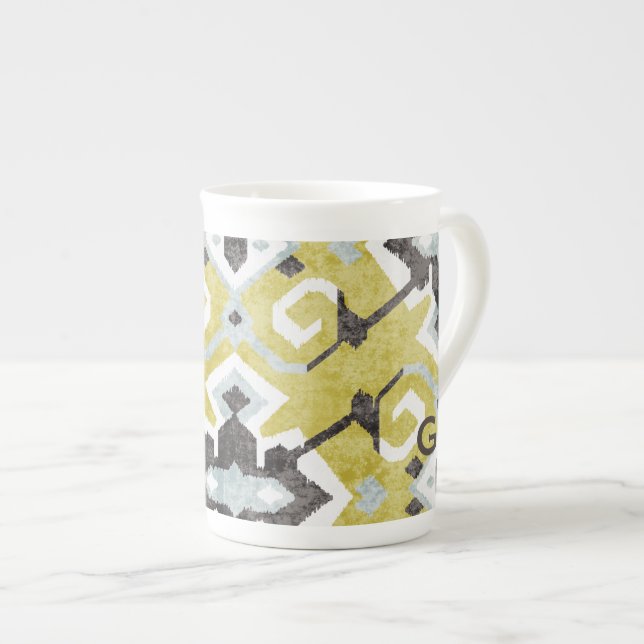 Boho chic gul ikat tribal mönster monogram benporslin mugg (Framsida höger)
