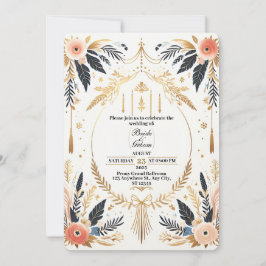Boho Chic Guld & Blommig Bröllopsinbjudan Inbjudningar