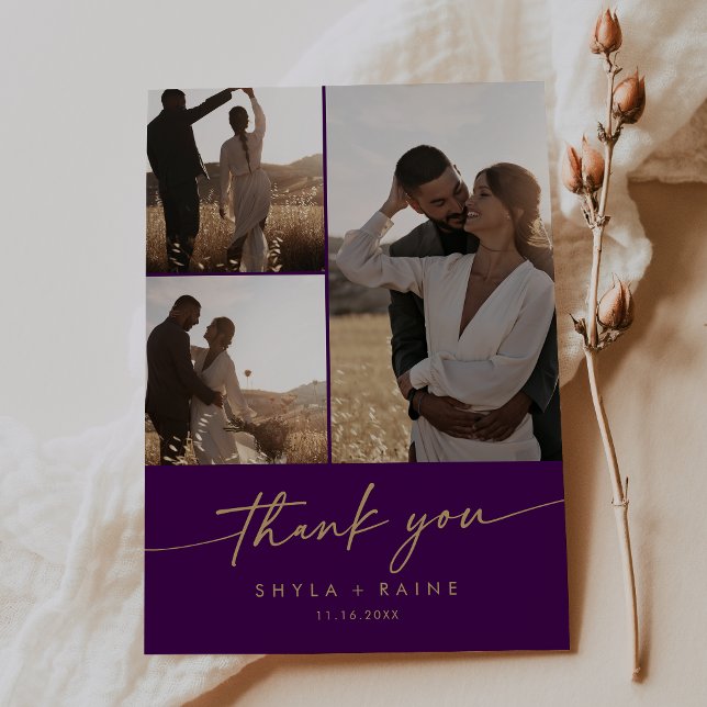 Boho Chic Guld och Lila Bröllop Photo Collage Tack Kort (Boho Chic Gold and Purple Wedding Photo Collage Thank You Card)
