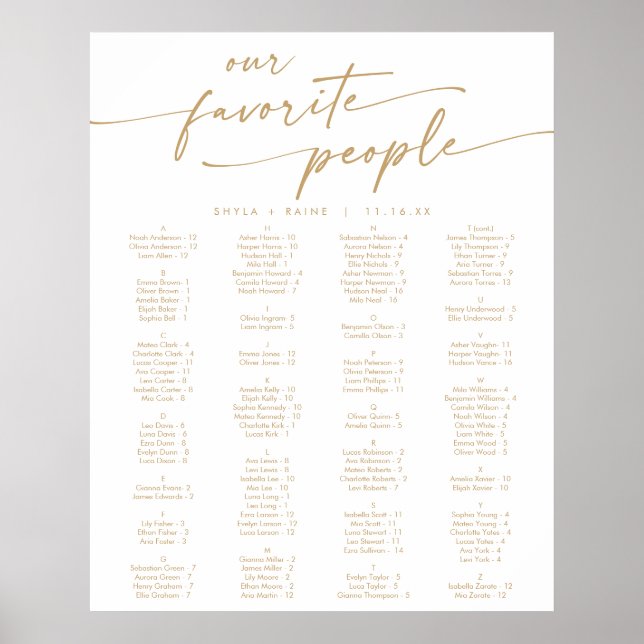 Boho Chic Guld och Vit Utskrivbar Placeringsplan Poster (Framsidan)