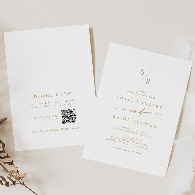 Boho Chic Guld och White Monogram QR Code Bröllop Inbjudningar (Boho Chic Gold and White Monogram QR Code Wedding Invitation)