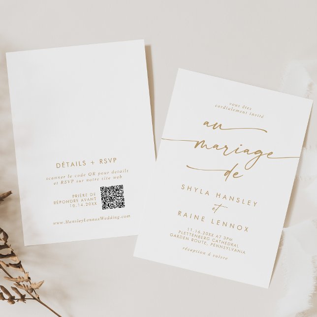 Boho Chic Guld och White QR Code Fransk Bröllop Inbjudningar (Boho Chic Gold and White QR Code French Wedding Invitation)