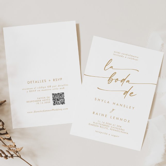 Boho Chic Guld och White QR Code Spanska Bröllop Inbjudningar (Boho Chic Gold and White QR Code Spanish Wedding Invitation)