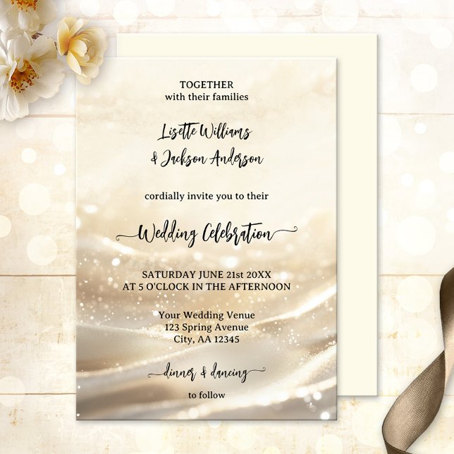 Boho Chic Guld Sparkling Elegant bröllop Inbjudningar (Elegant boho chic wedding invitation featuring an abstract gold sparkle design)