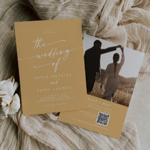 Boho Chic Gult Marigold Photo QR Code Bröllop Inbjudningar