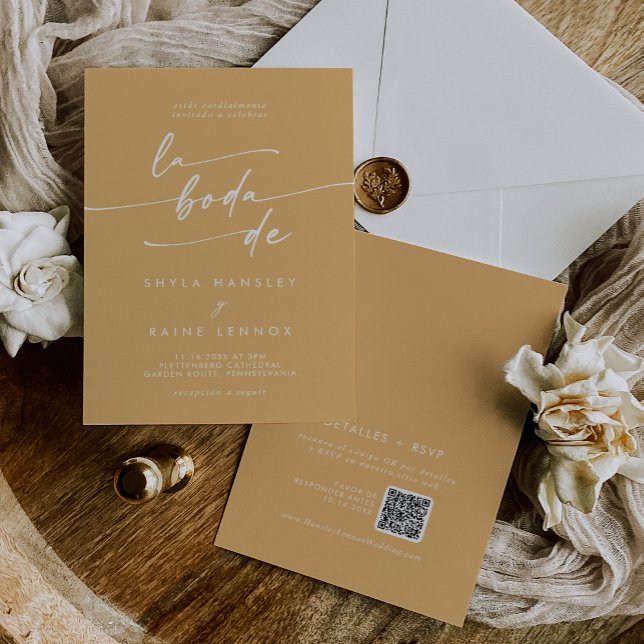 Boho Chic Gult Marigold QR-kod Spanska Bröllop Inbjudningar (Boho Chic Yellow Marigold QR Code Spanish Wedding Invitation)