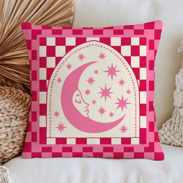 Boho Chic Halvmåne med Stjärnor Rosa Rutig  Kudde (Skapare uppladdad)