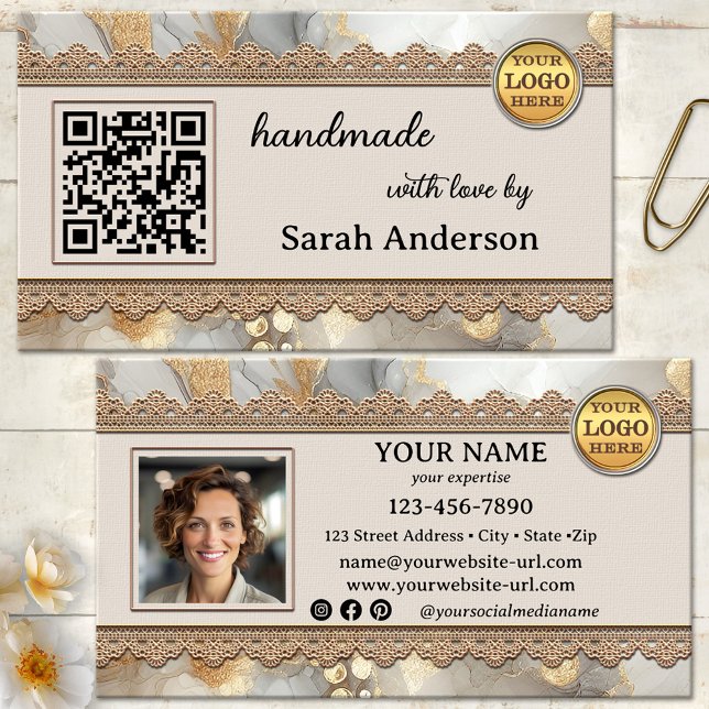 Boho Chic Handmade Modern Crafts Visitkort (Professional artisan handmade luxury business card - photo - logo - QR code - social media - boho)
