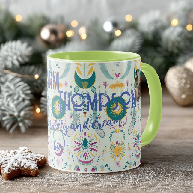 Boho chic himmelska symboler i turkos och guld mugg (Skapare uppladdad)