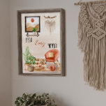 Boho Chic Home Scene Quote njut av varje ögonblick Poster<br><div class="desc">Bohemisk hemdekorscen med en modern barnstol i mitten av århundradet med kuddar och tofflor,  några växter och ett matta med bild på väggen och en makramehängning. Boho-chicen "Njut av varje ögonblick",  redigerbart citat / ordspråk. Sammansatt design efter Helgdag Hearts-design.</div>