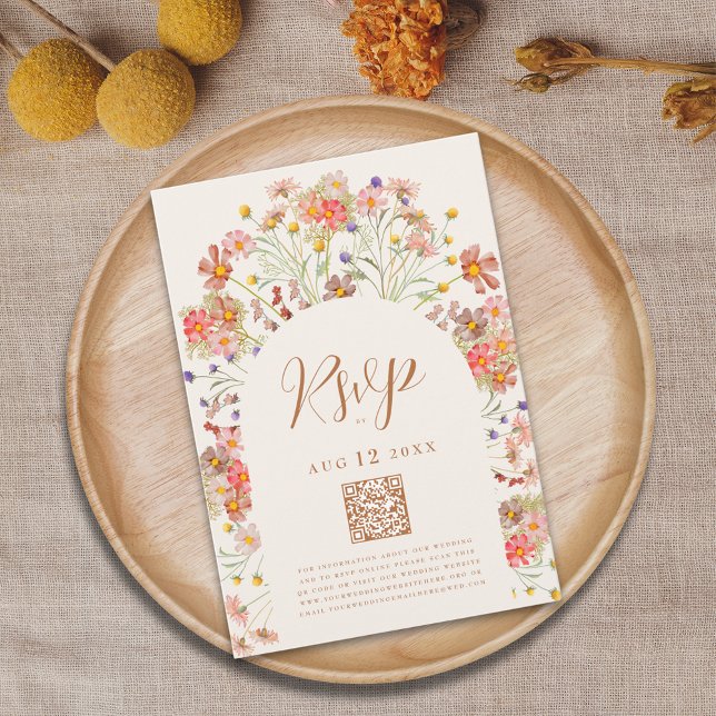Boho Chic Höst Vildblomma Båge OSA Kort (Boho fall Wildflower floral arch Wedding RSVP website QR code watercolor autumn florals terracotta)