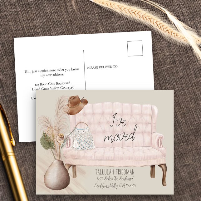 Boho Chic jag har Flyttat Flytta av torkad gräs Ro Meddelande Vykort (New Address postcard with boho chic living room)