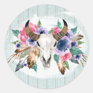 Boho Chic Ko Skalle Vattenfärg Blommig Rustik Trä Runt Klistermärke