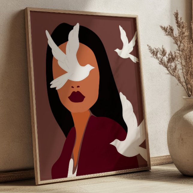 Boho Chic Kvinna med Vita Duvor Minimalistisk Kons Poster (Skapare uppladdad)