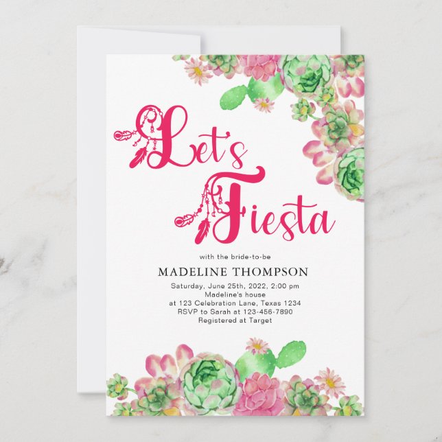 Boho Chic Låt oss Fiesta Rosa Cactus Möhippa Inbjudningar (Framsida)