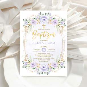 Boho Chic Lavender Guld Blommigt Girl Baptism Inbjudningar
