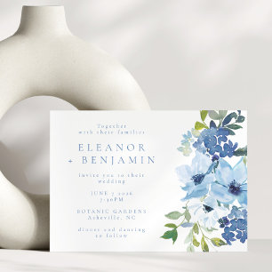 Boho Chic Light Blue Watercolor Blommigt Bröllop Inbjudningar