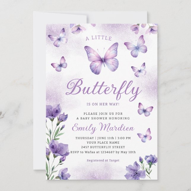Boho Chic Lila Blommigt Butterfly Girl Baby Shower Inbjudningar (Framsida)