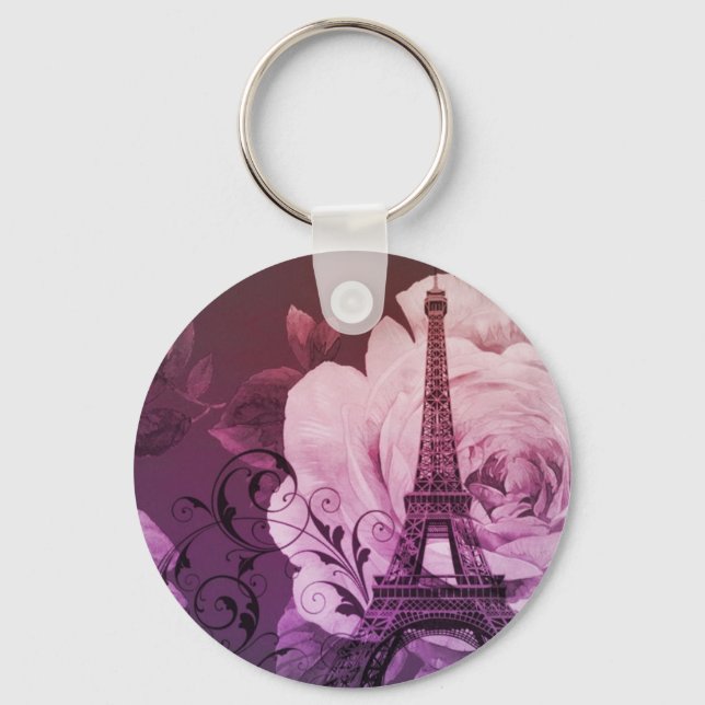 Boho chic lila blommigt Girly Paris Eiffel Torn Nyckelring (Framsida)