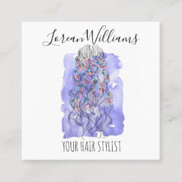 Boho Chic Lila Bride Hairstyle Watercolor Blommigt Fyrkantigt Visitkort