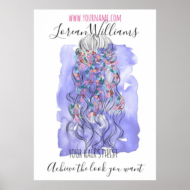 Boho Chic Lila Bride Hairstyle Watercolor Blommigt Poster (Framsidan)