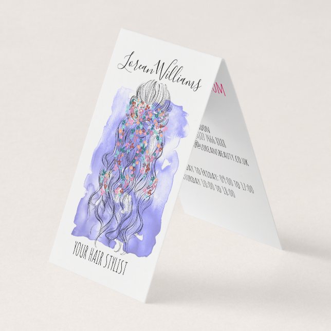 Boho Chic Lila Bride Hairstyle Watercolor Blommigt Visitkort (Framsida)