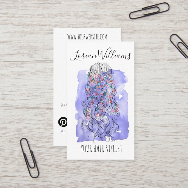 Boho Chic Lila Bride Hairstyle Watercolor QR Visitkort (Fram/Back In Situ)