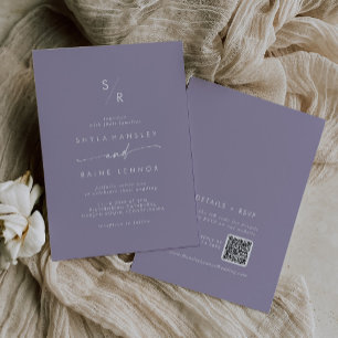 Boho Chic Lila Lila Monogram QR-kod Bröllop Inbjudningar