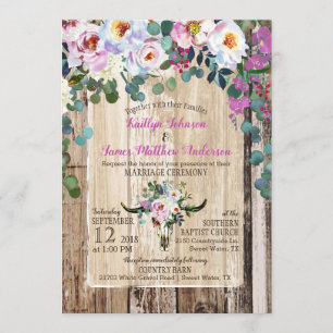 Boho Chic Longhorn Cow Skull Blommigt Bröllop Inbjudningar