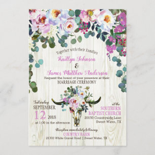 Boho Chic Longhorn Cow Skull Blommigt Bröllop Inbjudningar